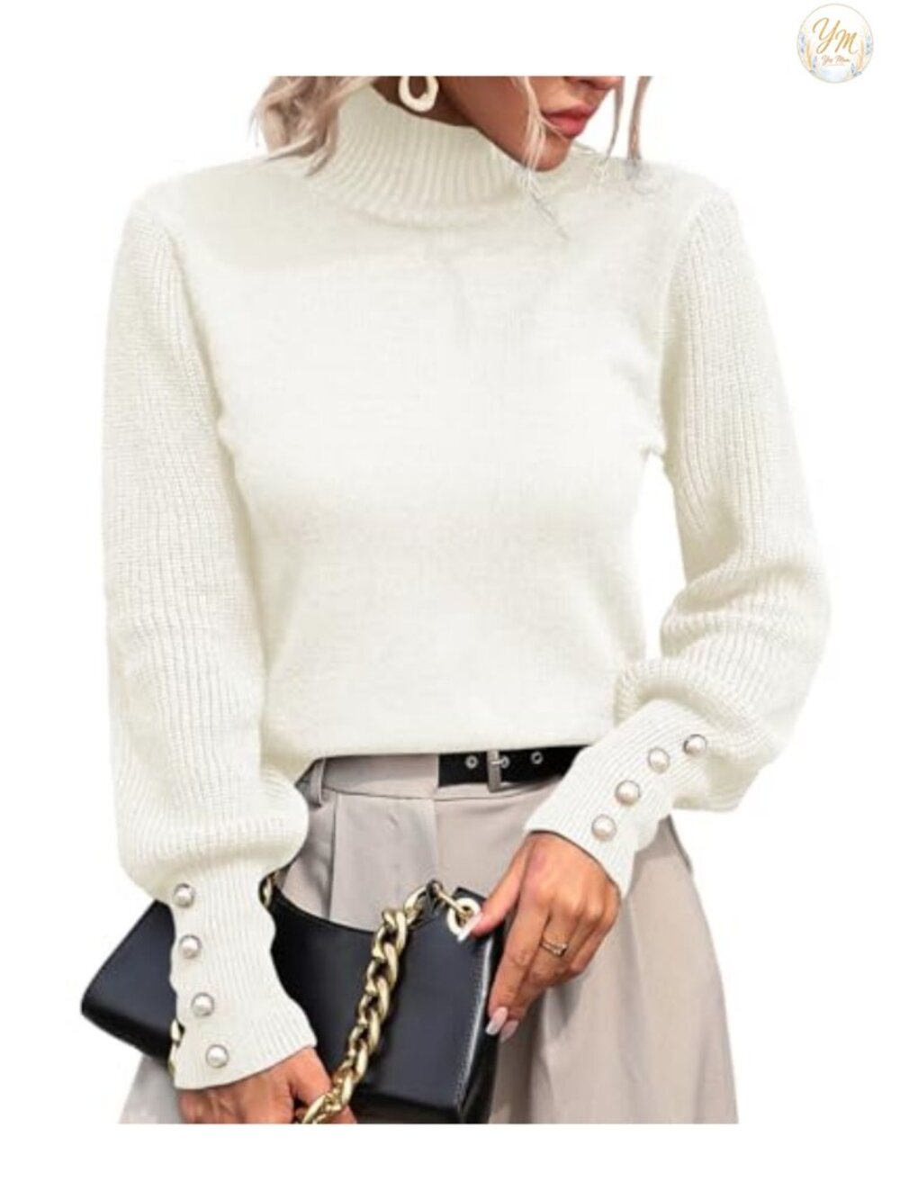 Women's Knit Pullover Sweater Mock Turtleneck Long Sleeve Lantern Sleeve Fall